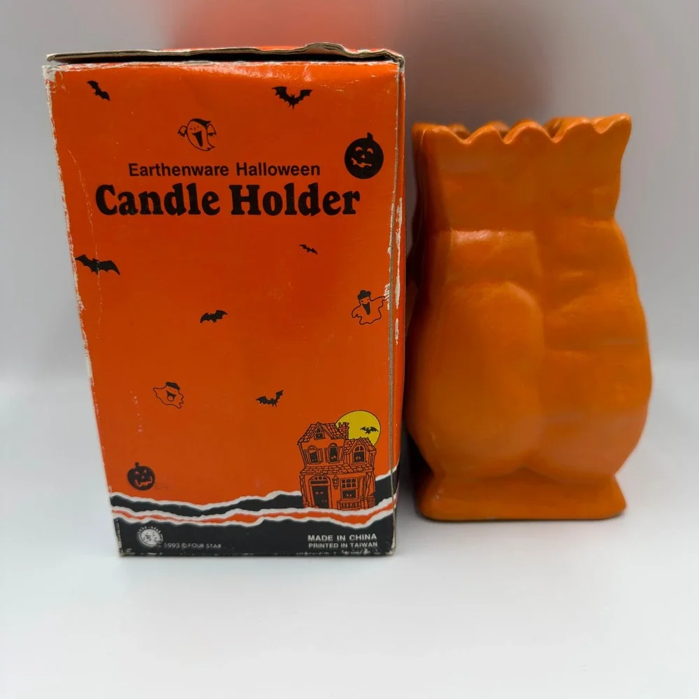 Vintage 1993 Four Star Earthenware Halloween Candle Holder Orange Jack O Lantern
